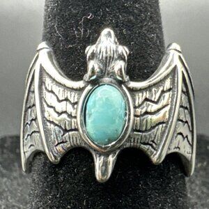 M Signed Navajo Artist Sterling Silver Turquoise Bat Ring 925 Size 6.75 7